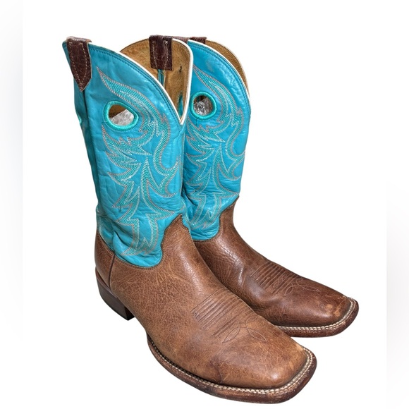 Nocona Handmade USA Turquoise Brown Leather Western Cowboy Boots 11D Square Toe - Picture 2 of 16